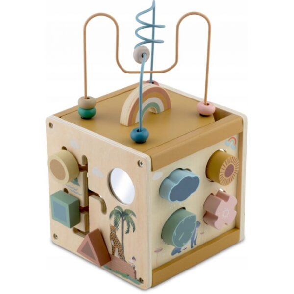 Cub educational din lemn cu diverse activitati, 15.5 x 17 cm, Nukido NK-861 0