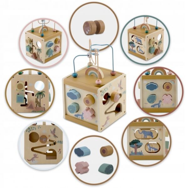 Cub educational din lemn cu diverse activitati, 15.5 x 17 cm, Nukido NK-861 1