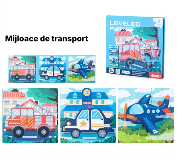Carte magnetică tip puzzle, pliabilă 3-în-1, Quiet Book cu magnet, niveluri 1-5 Nivel 2 (Mijloace de transport)