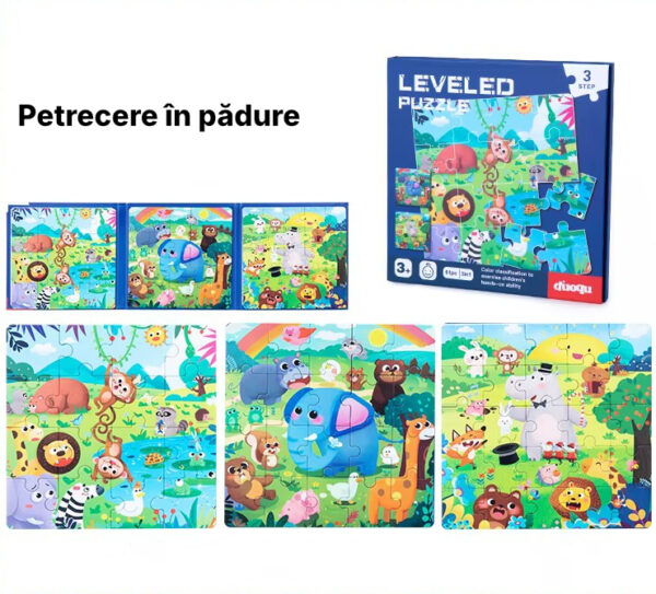 Carte magnetică tip puzzle, pliabilă 3-în-1, Quiet Book cu magnet, niveluri 1-5 Nivel 3 (Petrecere în pădure)