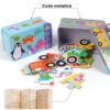 Puzzle din lemn pentru copii în cutie metalică, 6 mini-puzzle-uri