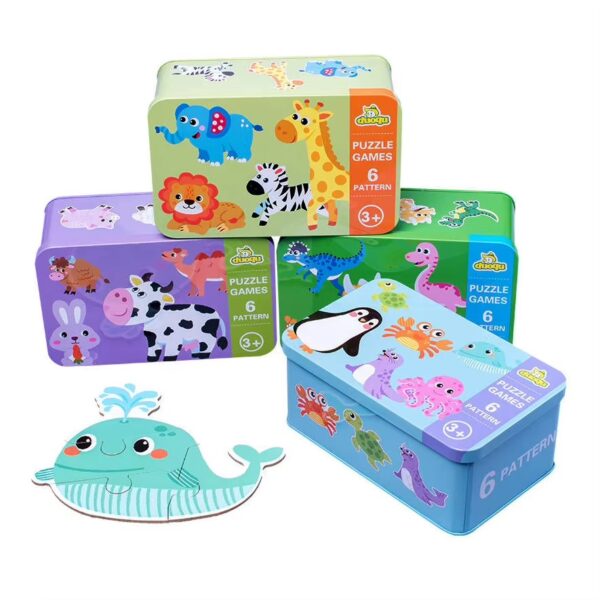 Puzzle din lemn pentru copii în cutie metalică, 6 mini-puzzle-uri