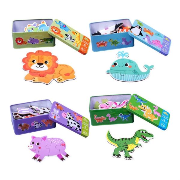 Puzzle din lemn pentru copii în cutie metalică, 6 mini-puzzle-uri