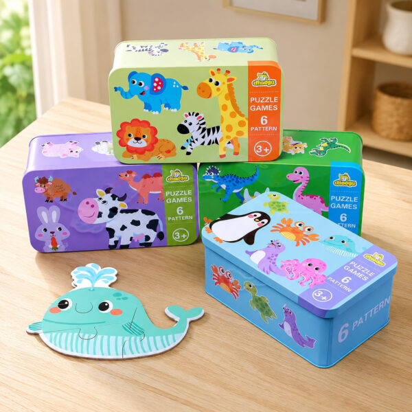 Puzzle din lemn pentru copii în cutie metalică, 6 mini-puzzle-uri