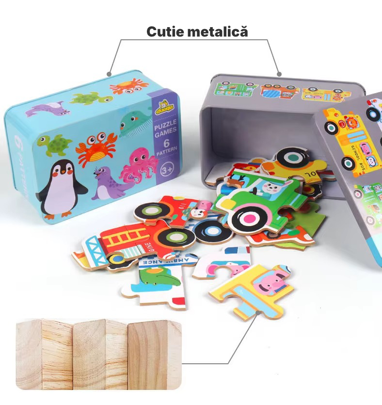 Puzzle din lemn pentru copii în cutie metalică, 6 mini-puzzle-uri
