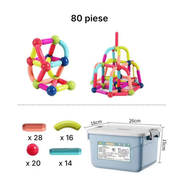 Set construcție cu bare magnetice și bile, culori pastel