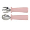 Set linguriță și furculiță pentru diversificare bebeluși, inox cu maner din silicon – Roz