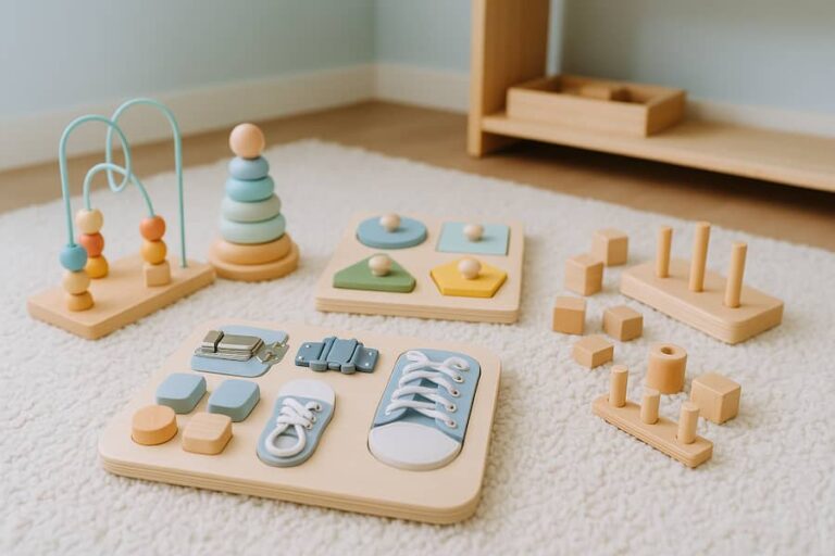 Jucării Montessori din lemn așezate pe un covor moale, cu busy board, turn de stivuire și puzzle-uri educative pentru copii.