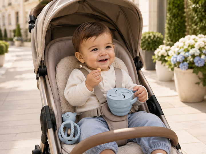 Bebeluș în cărucior, cu snack cup-ul și jucăria de dentiție din setul cadou Blupio Explorer Blue.
