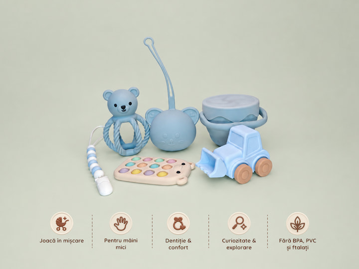 Set cadou Blupio Explorer Blue cu jucării pentru joacă, dentiție și gustări, prezentat împreună cu principalele caracteristici.