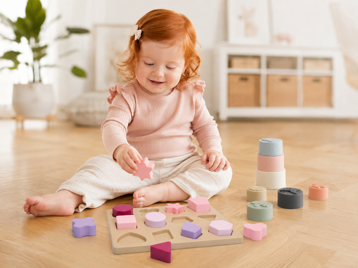Bebeluș jucându-se cu puzzle-ul și turnul de stivuire din setul cadou Blupio Playtime Rose.