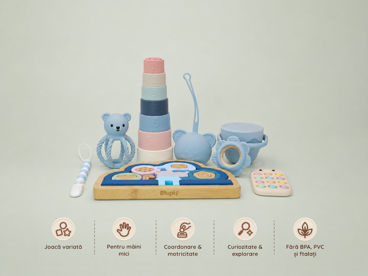 Set cadou Blupio Explorer Blue cu jucării și accesorii pentru plimbări, joacă și dentiție, alături de principalele caracteristici ale setului.