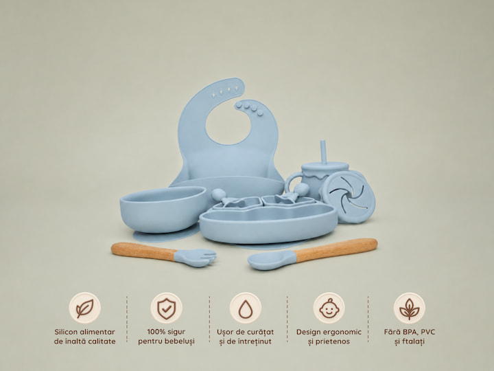 Setul de masă Blupio Tabletime Blue și principalele caracteristici: silicon alimentar, ușor de curățat, design ergonomic și fără BPA, PVC și ftalați.