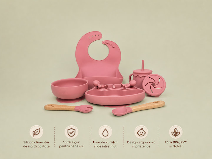 Setul de masă Blupio Tabletime Rose și principalele caracteristici: silicon alimentar, ușor de curățat, design ergonomic și fără BPA, PVC și ftalați.